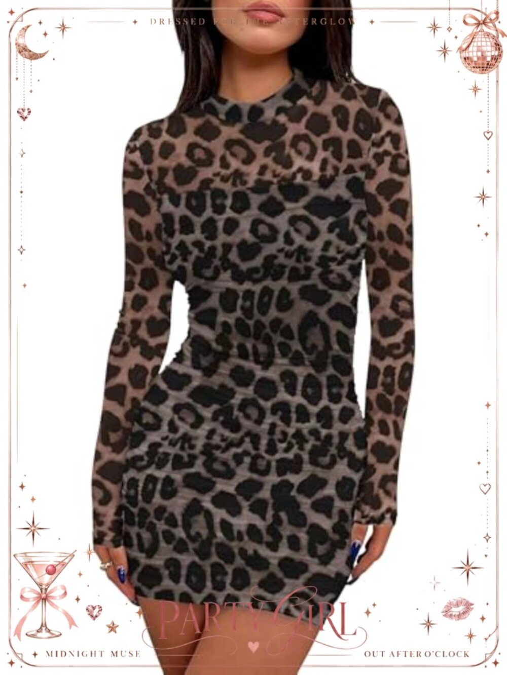 Women's Sheer Mesh Long Sleeve Ruched Mini Bodycon Dress